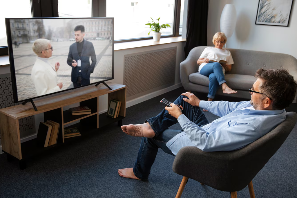 Casal na sala de casa assistindo televisão full HD 