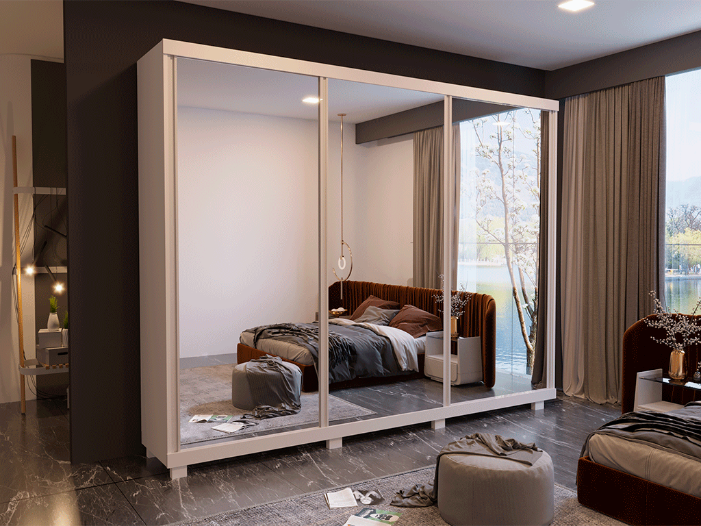 Guarda-roupa moderno com portas de correr espelhadas, design sofisticado e acabamento em branco, ideal para quem busca as melhores marcas de guarda-roupa em 2025