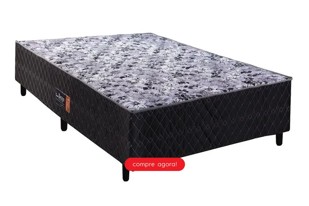 Cama box com lateral preta e colchão estampado