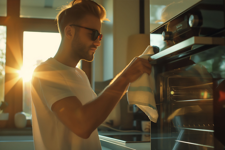 Homem higienizando forno do fogão