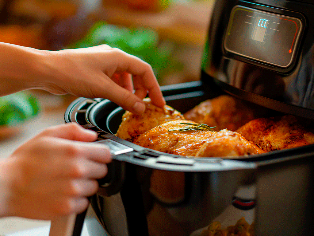 Pessoa usando air fryer para preparar frango assado crocante. Imagem mostra o eletroportátil em uso na cozinha, ideal para receitas práticas e saudáveis.