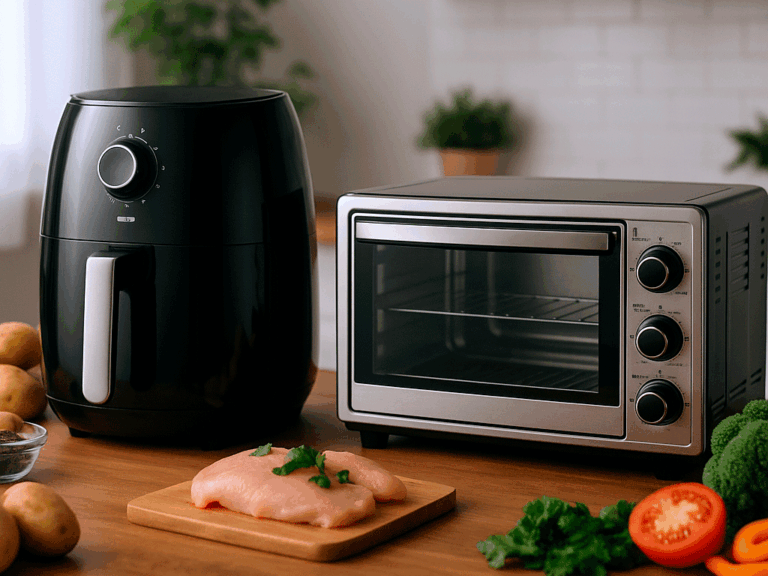 Air fryer ou forninho elétrico? Imagem mostra os dois eletroportáteis lado a lado em uma cozinha moderna, com ingredientes frescos como peito de frango, batata e legumes sobre a bancada.