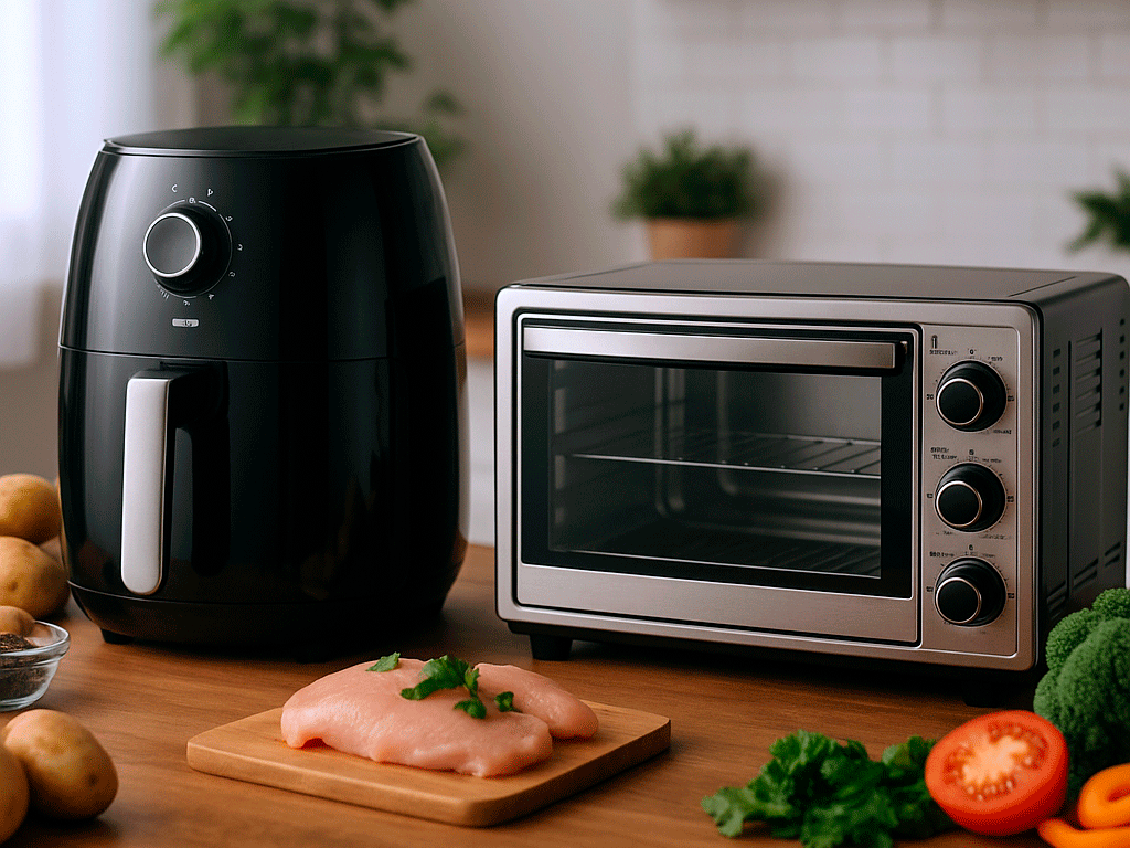 Air fryer ou forninho elétrico Imagem mostra os dois eletroportáteis lado a lado em uma cozinha moderna, com ingredientes frescos como peito de frango, batata e legumes sobre a bancada.