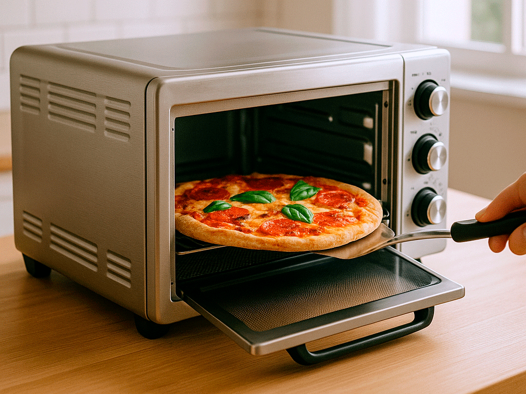Forninho elétrico assando pizza artesanal com manjericão fresco. Eletroportátil moderno em uso, ideal para receitas rápidas e versáteis na cozinha.