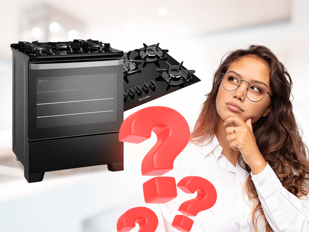 Mulher pensativa ao lado de fogão e cooktop com pontos de interrogação, ilustrando dúvida comum sobre qual é melhor para cozinha — fogão ou cooktop?