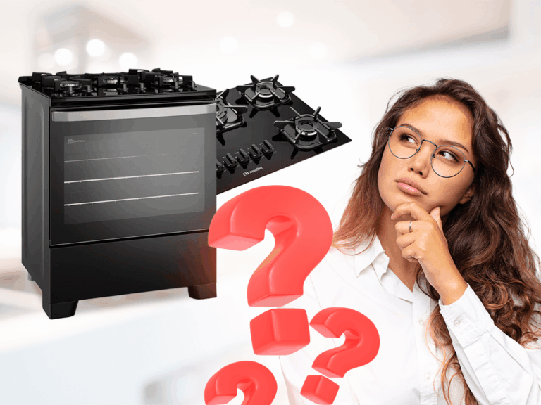 Mulher pensativa ao lado de fogão e cooktop com pontos de interrogação, ilustrando dúvida comum sobre qual é melhor para cozinha — fogão ou cooktop?