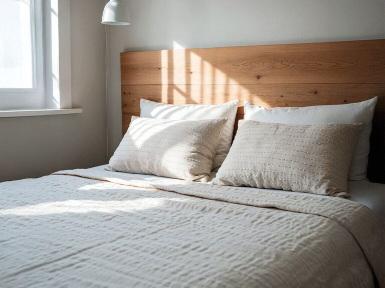 Cama com roupas de cama neutras e iluminação suave