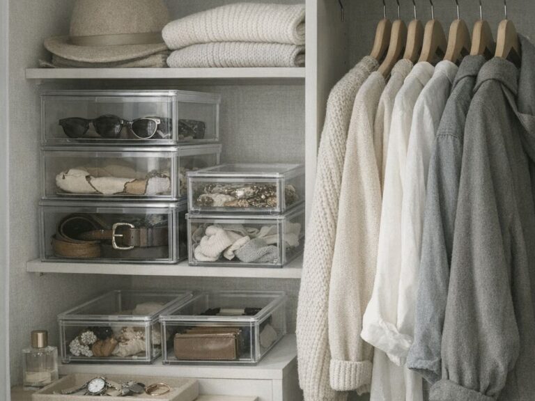 Organização de armário com roupas e acessórios