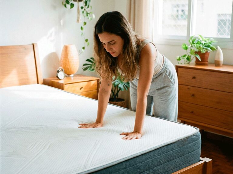 Mulher testando conforto de um colchão na cama