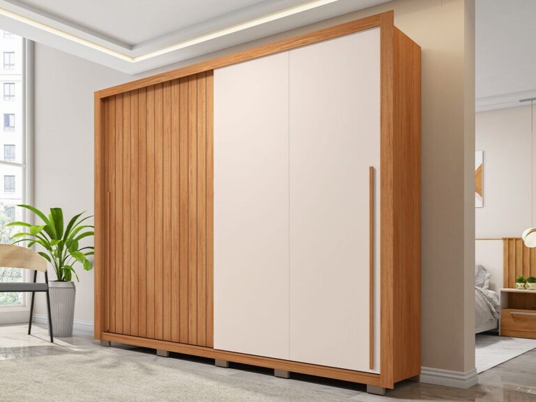 Armário moderno em madeira clara e branca