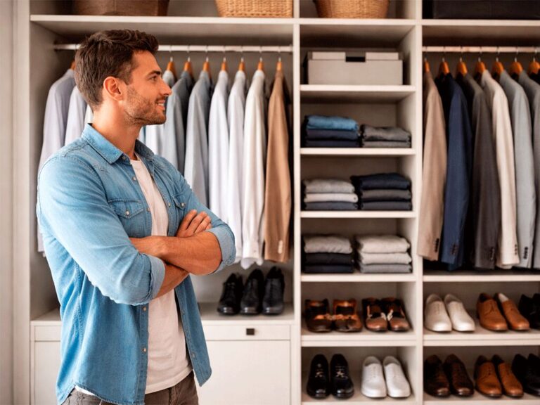 Homem em armário organizado com roupas e calçados.