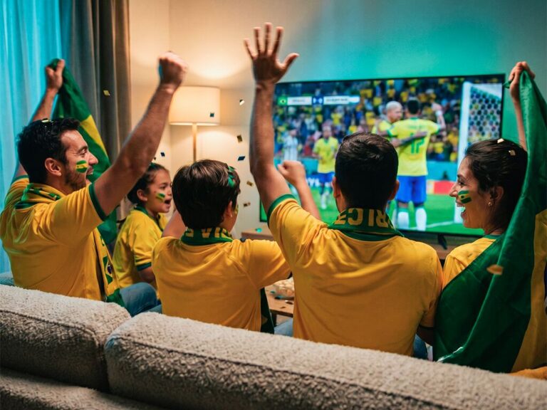 Família torcendo por jogo de futebol na TV