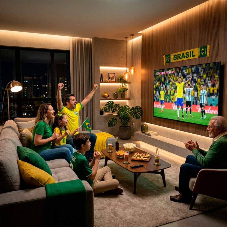 Família assistindo jogo de futebol no Brasil