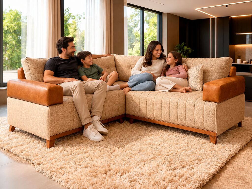 Família relaxando em sofá confortável na sala