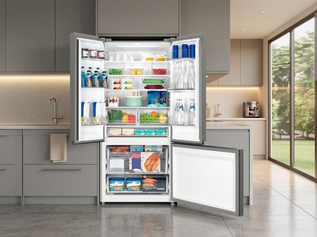 1 Geladeira cheia de alimentos e bebidas organizados
