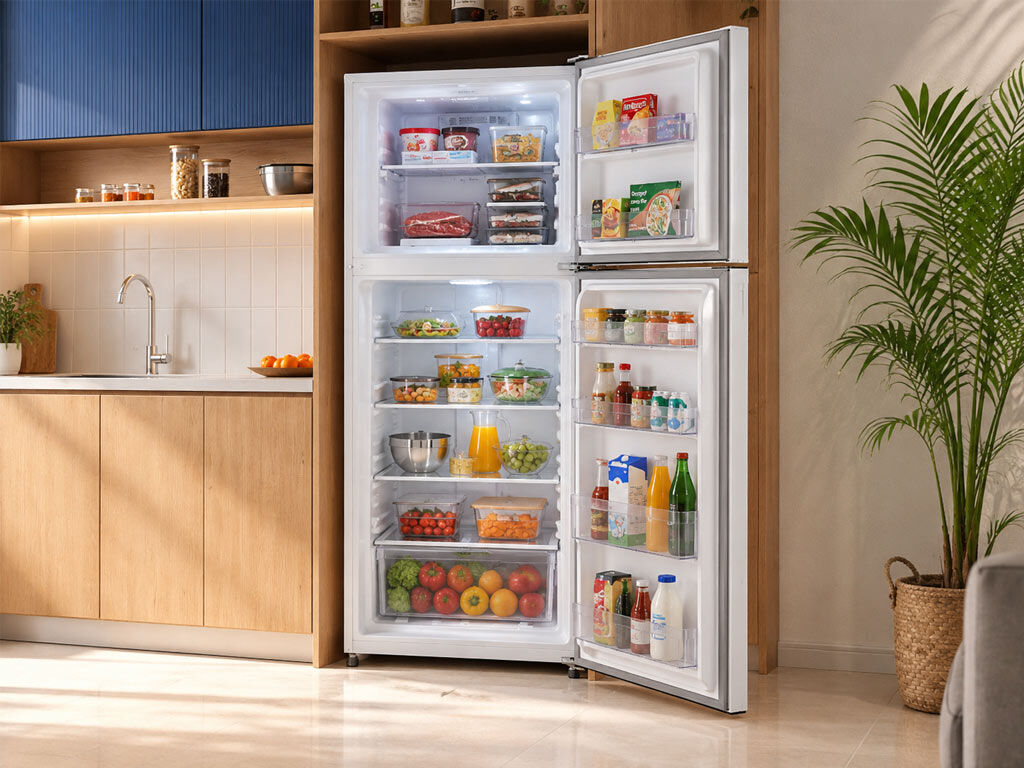 Geladeira cheia de alimentos frescos e organizados