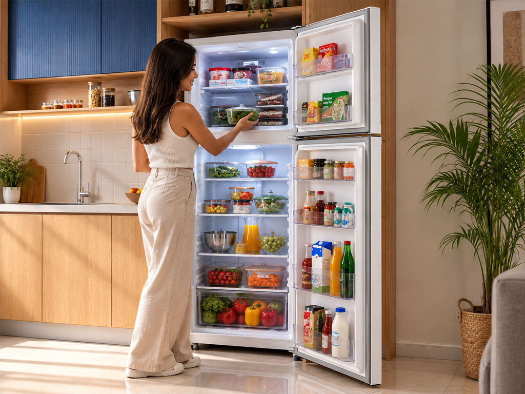 Mulher escolhendo alimentos na geladeira moderna.