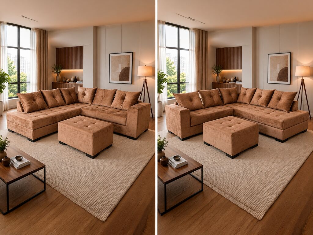 Sofá moderno em ambiente iluminado e elegante.