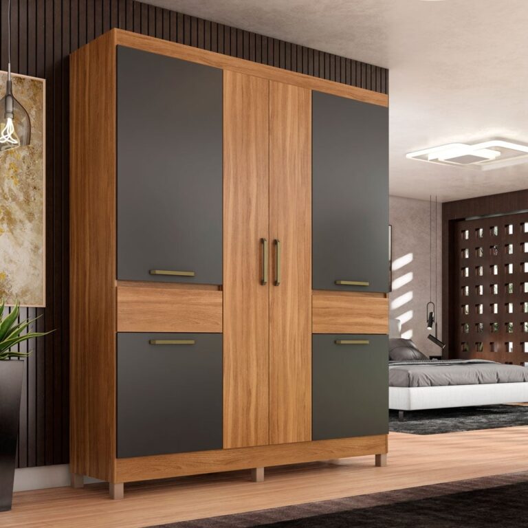 Guarda-roupa casal de seis portas em madeira clara e cinza, com duas gavetas, em quarto ambientado